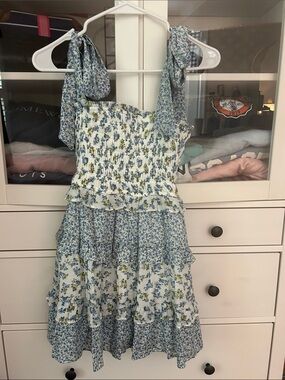 Altar'd State Blue and White Floral Smocked Tiered Sundress with Tie Straps